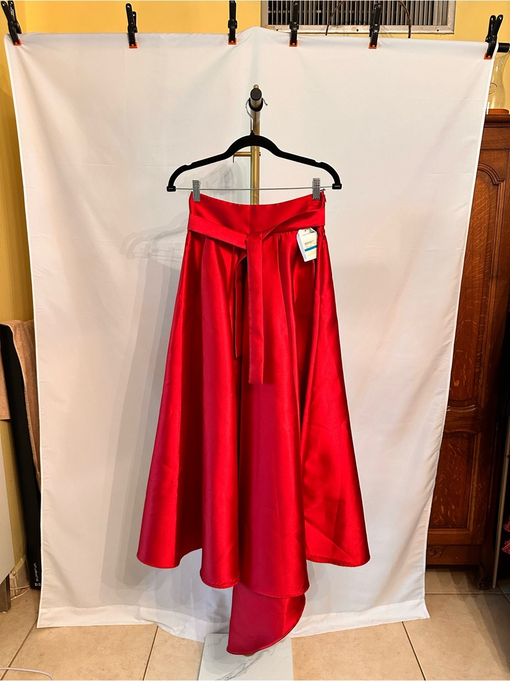 NWT Issue New York Red Satin High-Low Tie-Waist Skirt